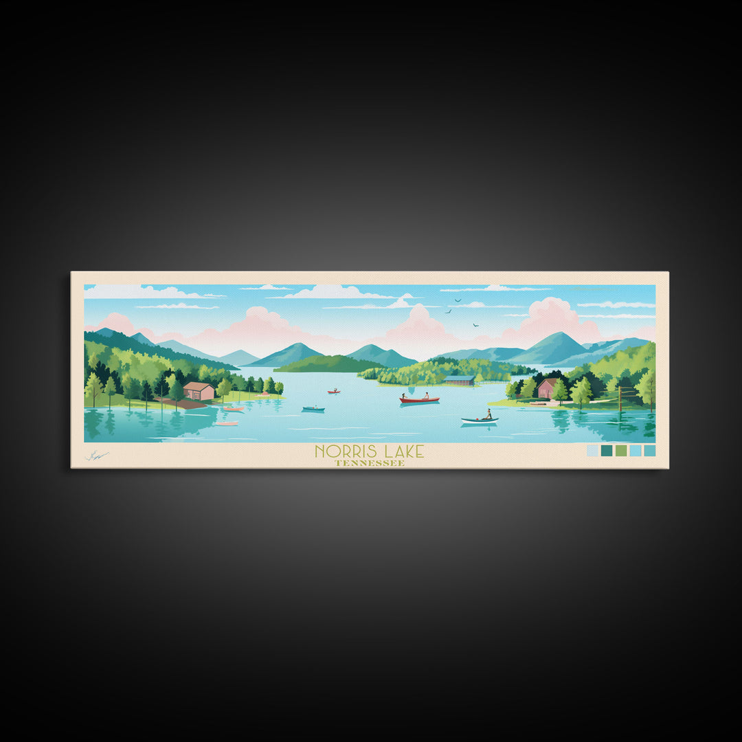 Norris Lake, Tennessee Framed Canvas Print, Panoramic Wall Art, Midcentury Modern, Pop Art, Home Decor, Travel Poster, Living Room Art