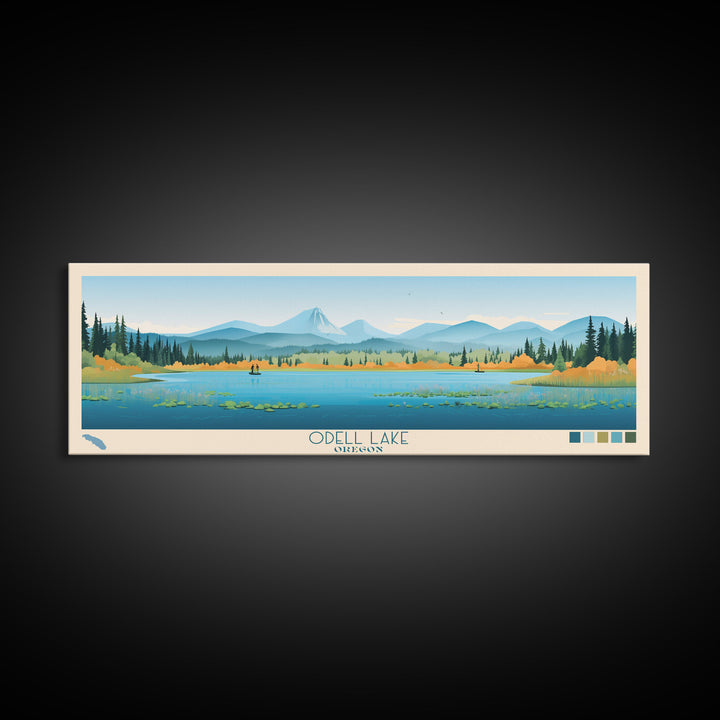 Odell Lake, Oregon Framed Canvas Print, Panoramic Wall Art, Midcentury Modern, Pop Art, Home Decor, Travel Poster, Living Room Art