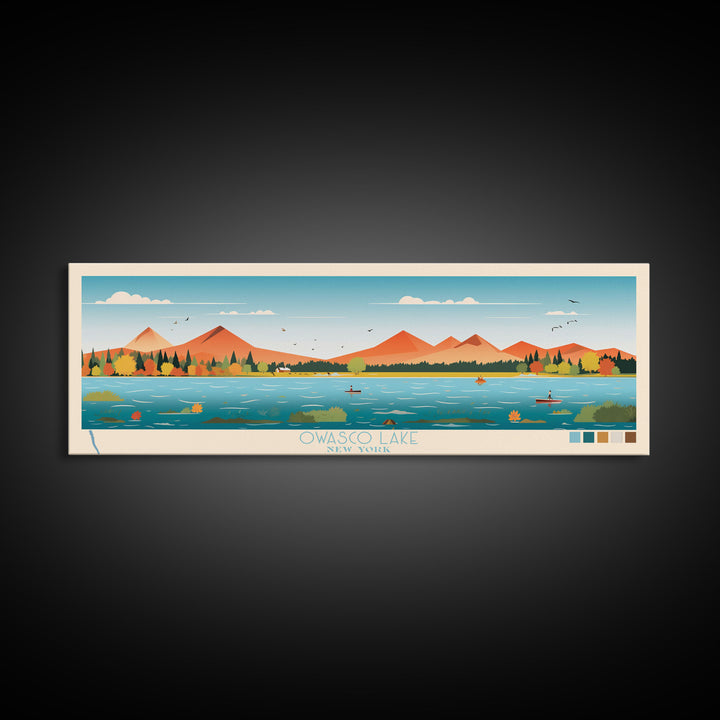 Owasco Lake, New York Framed Canvas Print, Panoramic Wall Art, Midcentury Modern, Pop Art, Home Decor, Travel Poster, Living Room Art