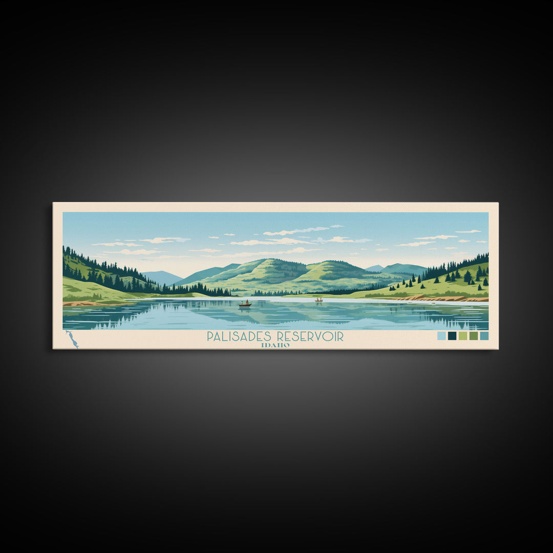 Palisades Reservoir, Idaho Framed Canvas Print, Panoramic Wall Art, Midcentury Modern, Pop Art, Home Decor, Travel Poster, Living Room Art