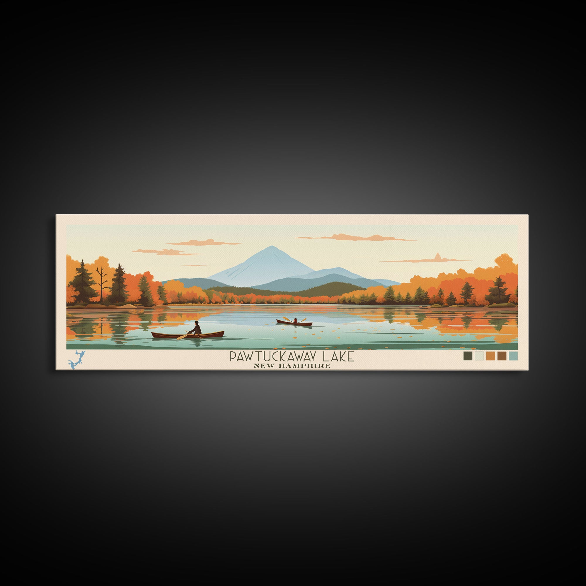 Pawtuckaway Lake, New Hampshire Framed Canvas Print, Panoramic Wall Art, Midcentury Modern, Pop Art, Home Decor, Travel Poster, Bedroom Art