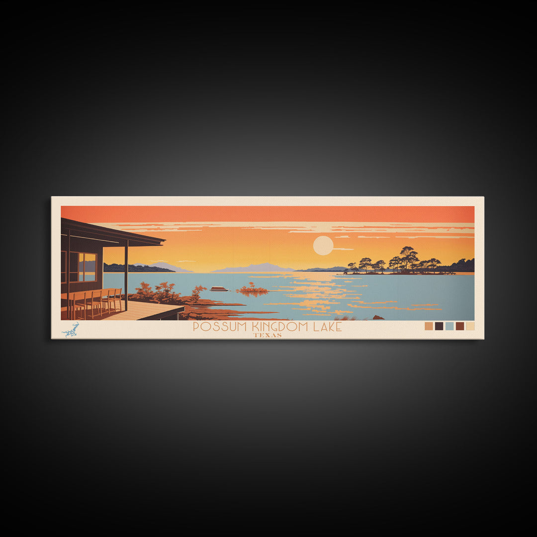 Possum Kingdom Lake, Texas Framed Canvas Print, Living Room Art, Midcentury Modern, Panoramic Wall Art, Travel Poster, Pop Art