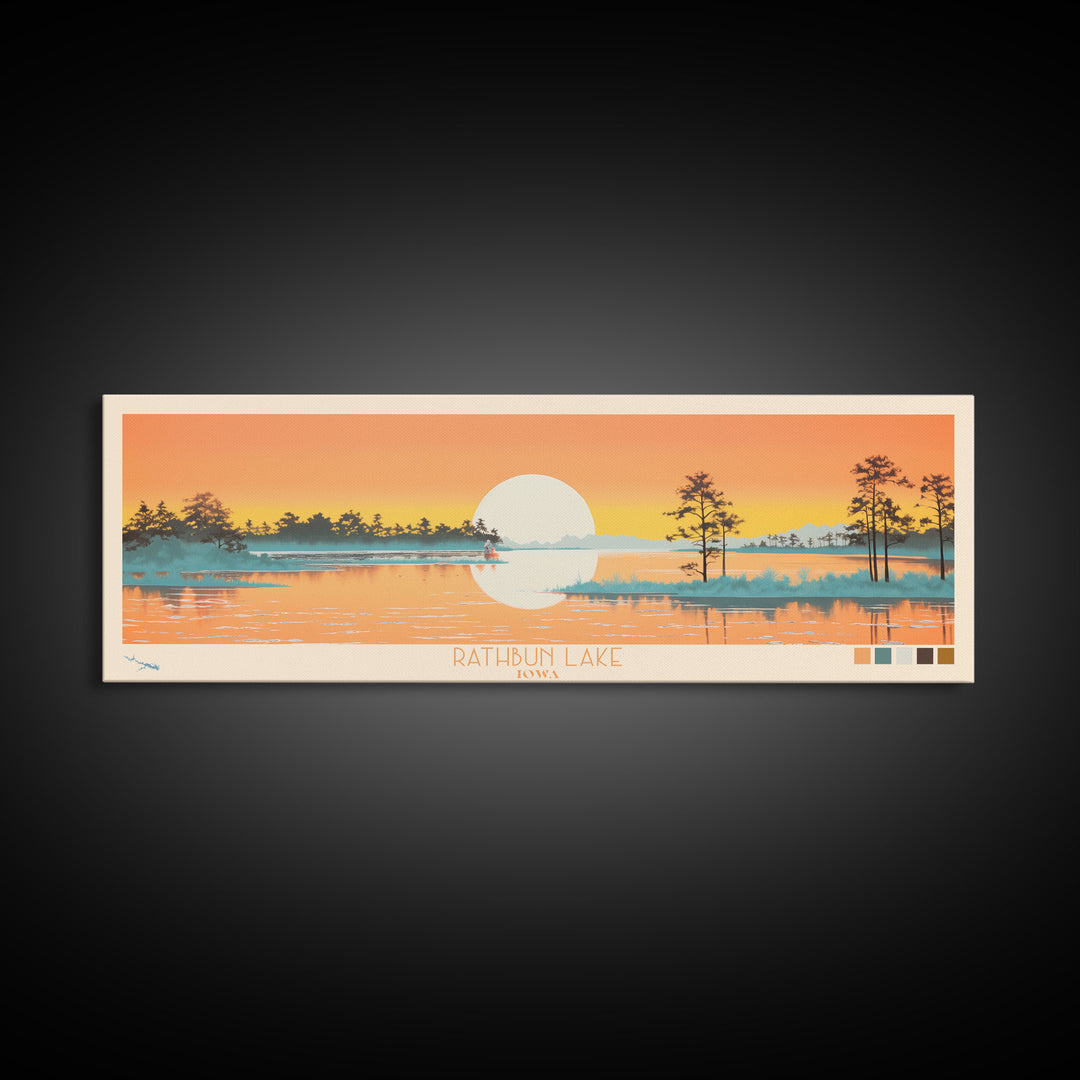 Rathbun Lake, Iowa Framed Canvas Print, Home Decor, Midcentury Modern, Panoramic Wall Art, Travel Poster, Pop Art