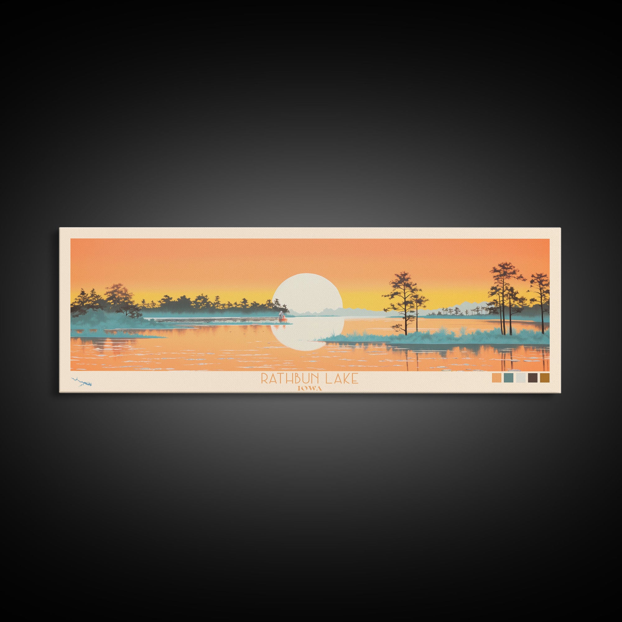 Rathbun Lake, Iowa Framed Canvas Print, Home Decor, Midcentury Modern, Panoramic Wall Art, Travel Poster, Pop Art