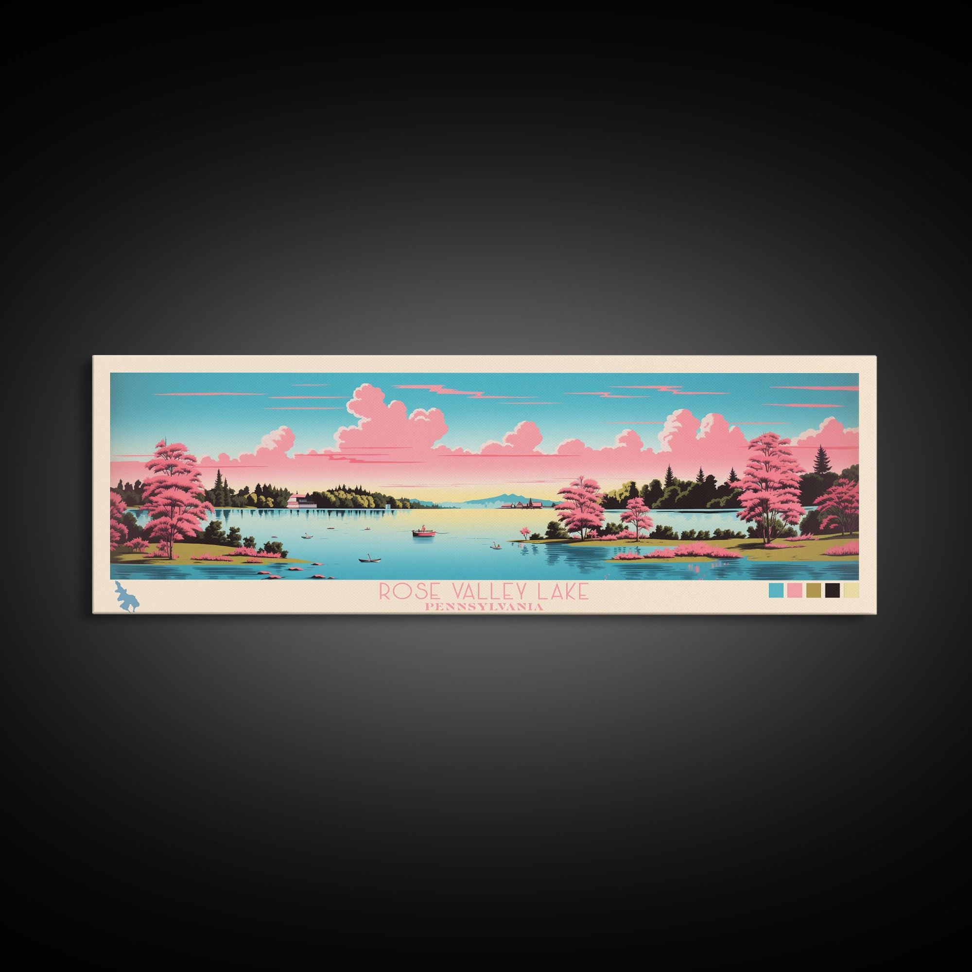 Rose Valley Lake, Pennsylvania Framed Canvas Print, Panoramic Travel Poster, Midcentury Modern Art, Bedroom Decor, Pop Art, Wall Art