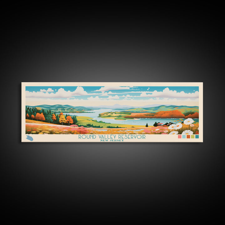 Round Valley Reservoir, New Jersey Framed Canvas Print, Panoramic Travel Poster, Midcentury Modern Art, Home Decor, Pop Art, Wall Decoration