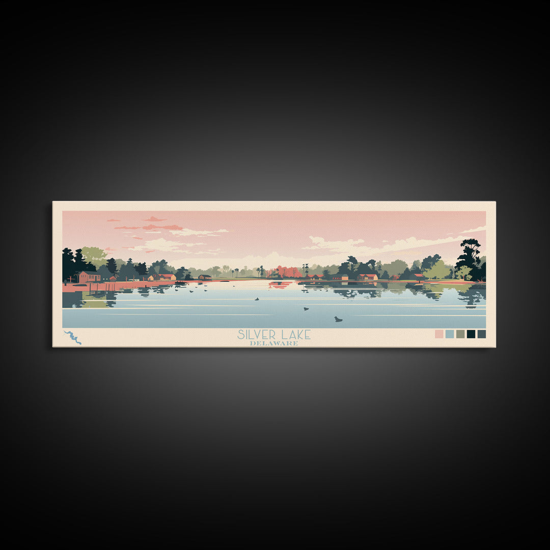 Silver Lake, Delaware Framed Canvas Print, Panoramic Wall Art, Midcentury Modern Decor, Pop Art, Travel Poster, Home Decoration