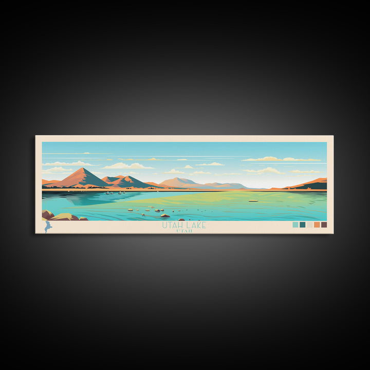 Utah Lake, Utah Framed Canvas Print, Panoramic Lake House Decor, Midcentury Modern Art, Pop Art, Travel Poster, Bedroom Wall Art
