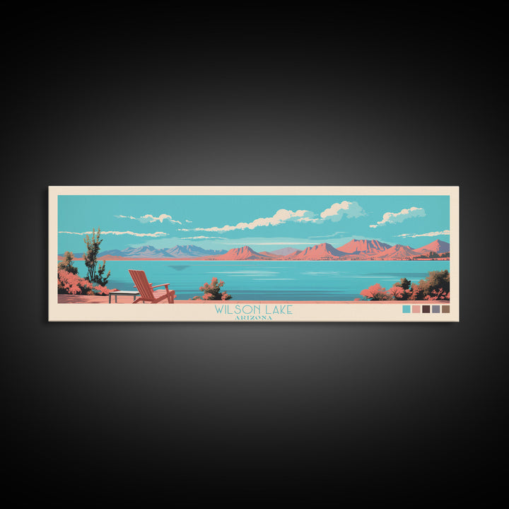 Wilson Lake, Arizona Framed Canvas Print, Panoramic Lake House Art, Midcentury Modern Decor, Pop Art, Travel Poster, Wall Art