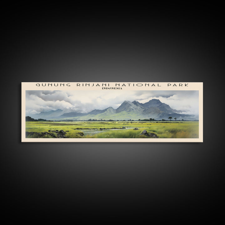 Gunung Rinjani National Park COUNTRY | Framed Travel Poster Canvas Print | Trendy Wall Art | Watercolor Painting | Living Room Art | Unique Art