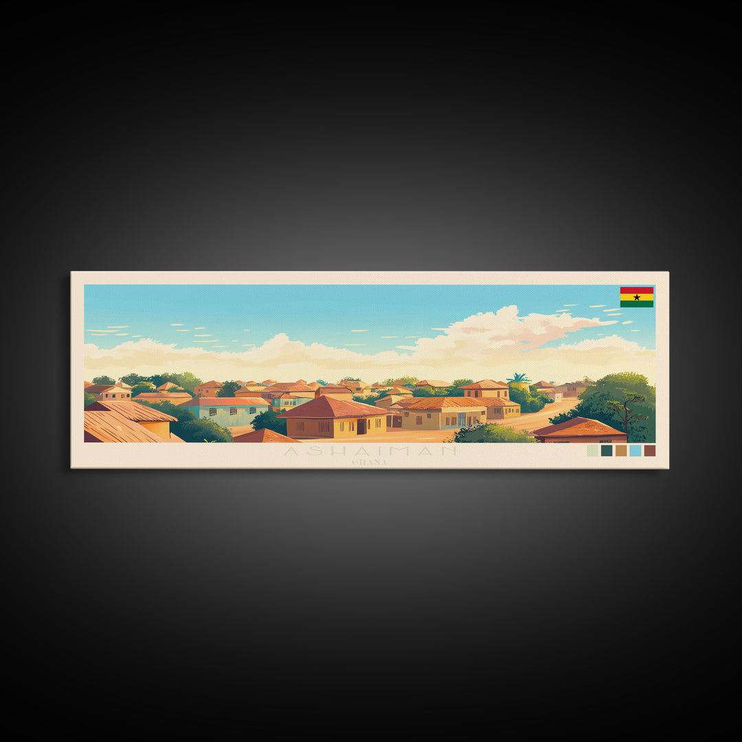 Panoramic Travel Poster Ashaiman, Ghana Canvas Print, Ashaiman, Ghana Painting, Ghana Art, Ashaiman Travel Art, Guest Room Painting