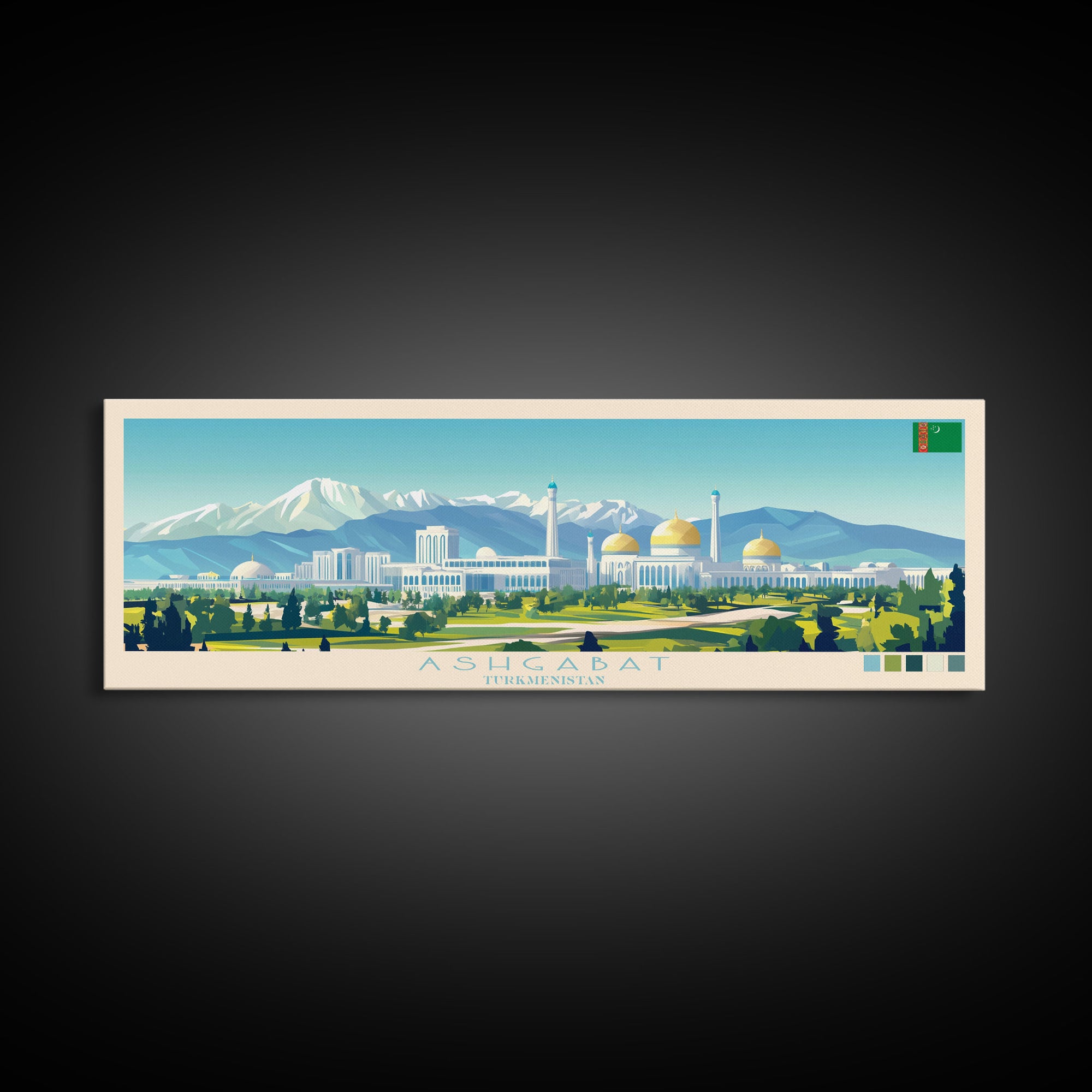Ashgabat, Turkmenistan Panoramic Travel Poster Canvas Print, Ashgabat, Turkmenistan Painting, Turkmenistan Art, Ashgabat Panoramic Travel Art, Travel Painting