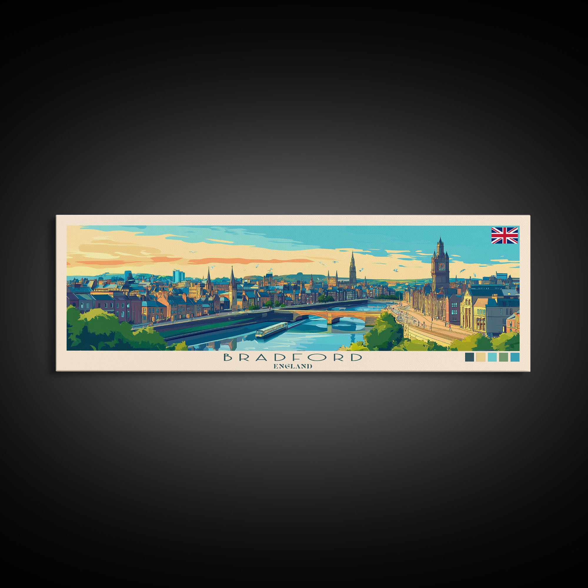 Bradford, England Panoramic Travel Poster Canvas Print, Bradford, England Painting, England Art, Bradford Travel Art, Guest Room Painting