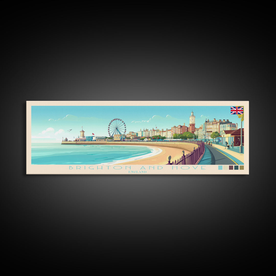 Brighton and Hove, England Travel Poster Panoramic Canvas Print, Brighton and Hove, England Painting, England Art, Brighton and Hove Travel Art, Guest Room Painting