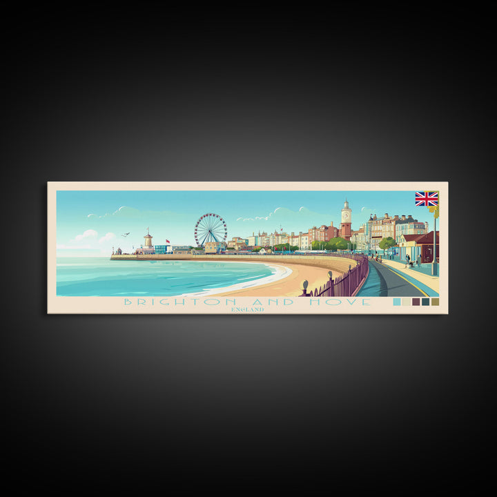 Brighton and Hove, England Travel Poster Panoramic Canvas Print, Brighton and Hove, England Painting, England Art, Brighton and Hove Travel Art, Guest Room Painting