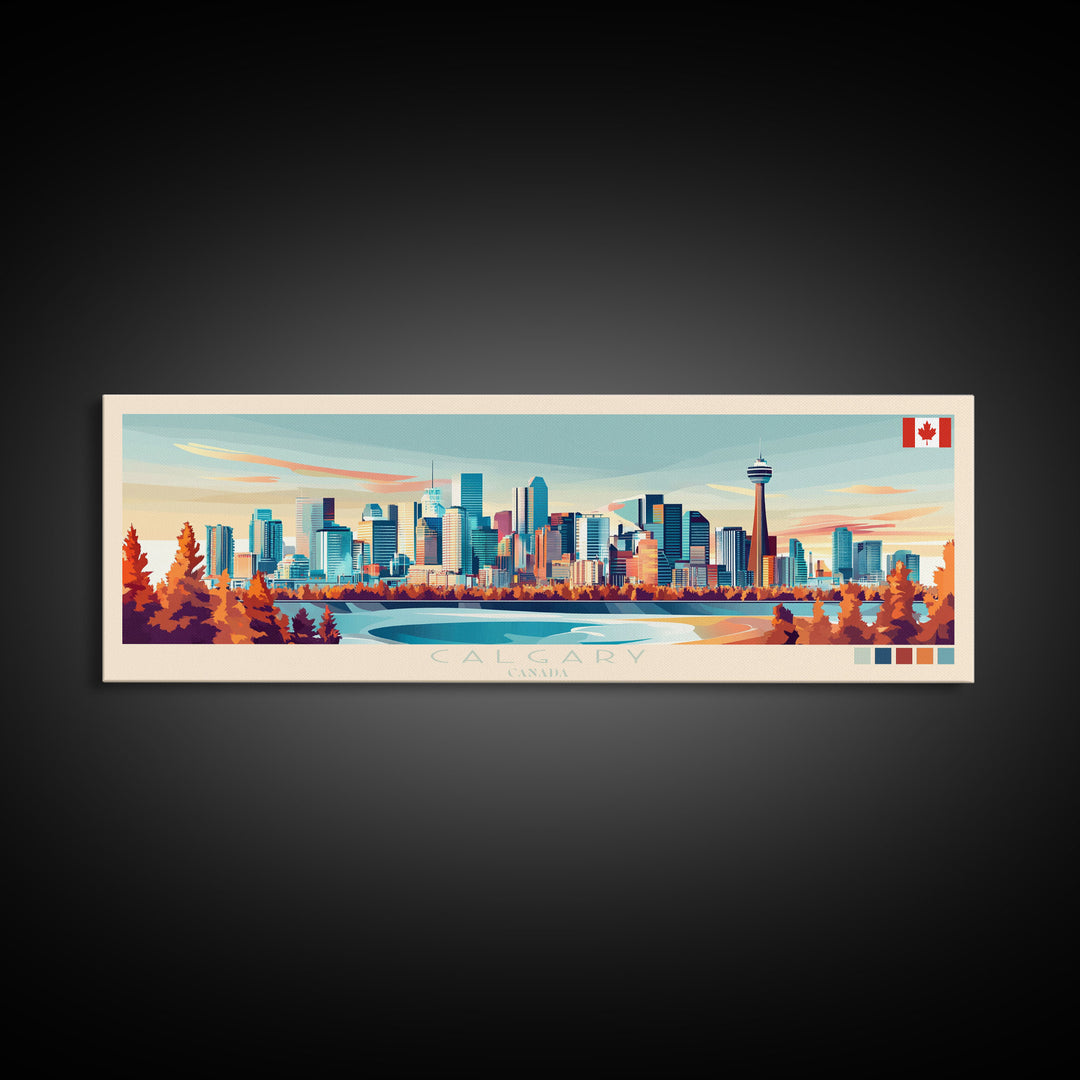 Calgary, Canada Panoramic Travel Poster Canvas Print, Calgary, Canada Painting, Canada Art, Calgary Travel Art, Living Room Painting