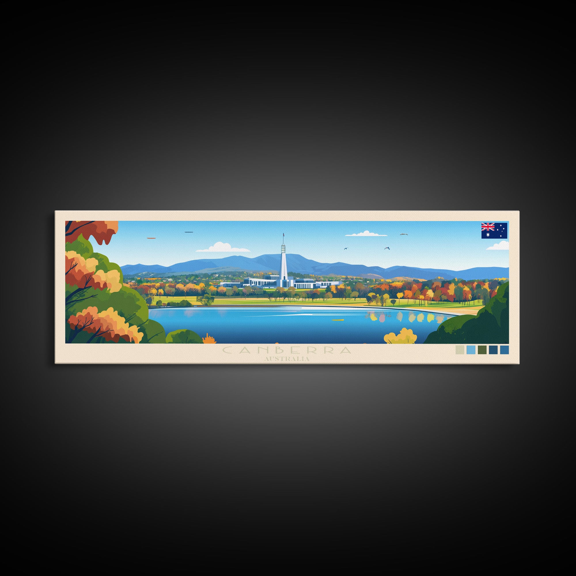 Canberra, Australia Panoramic Travel Poster Canvas Print, Canberra, Australia Painting, Australia Art, Canberra Travel Art, Guest Room Painting