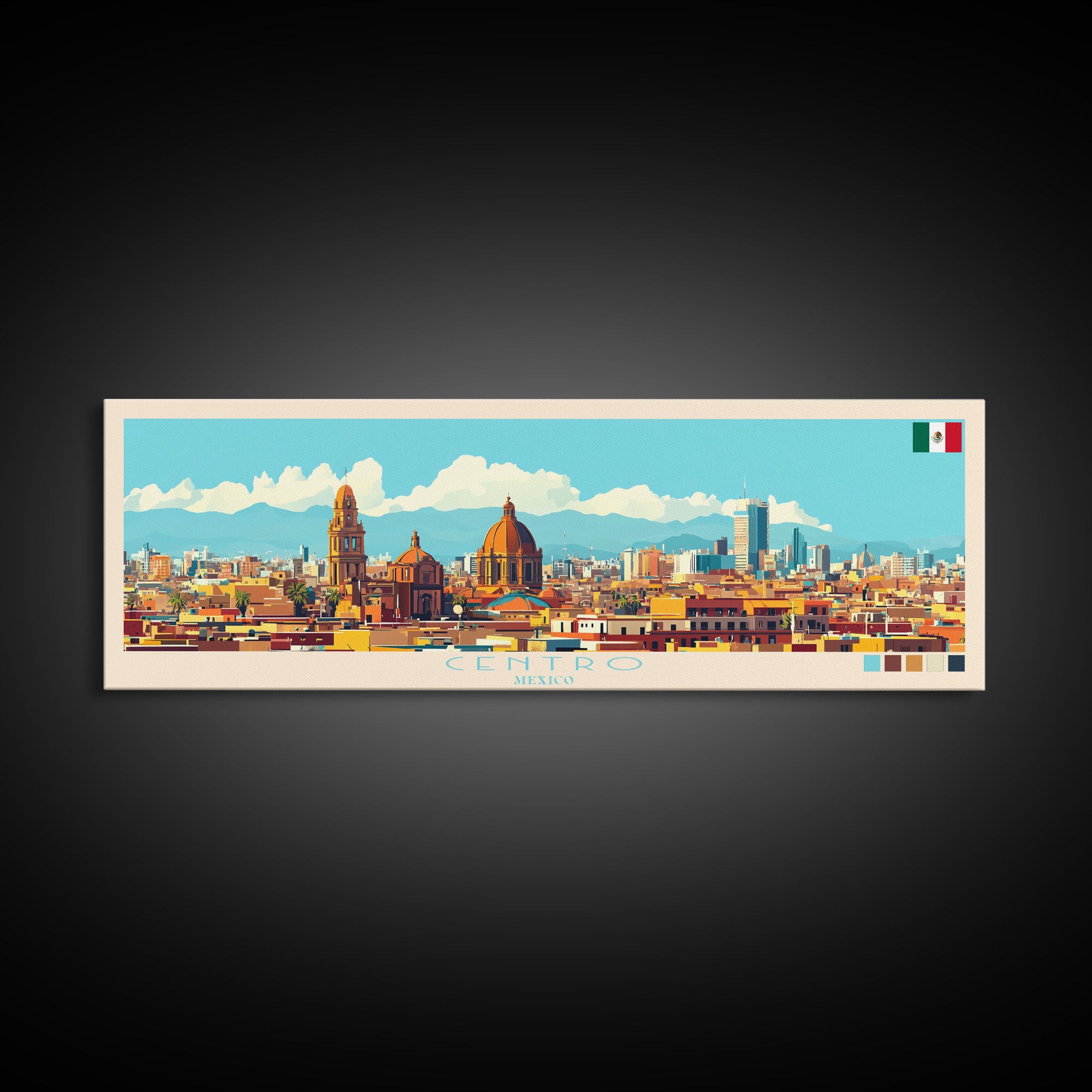 Centro, Mexico Panoramic Travel Poster Canvas Print, Centro, Mexico Painting, Mexico Art, Centro Travel Art, Guest Room Painting