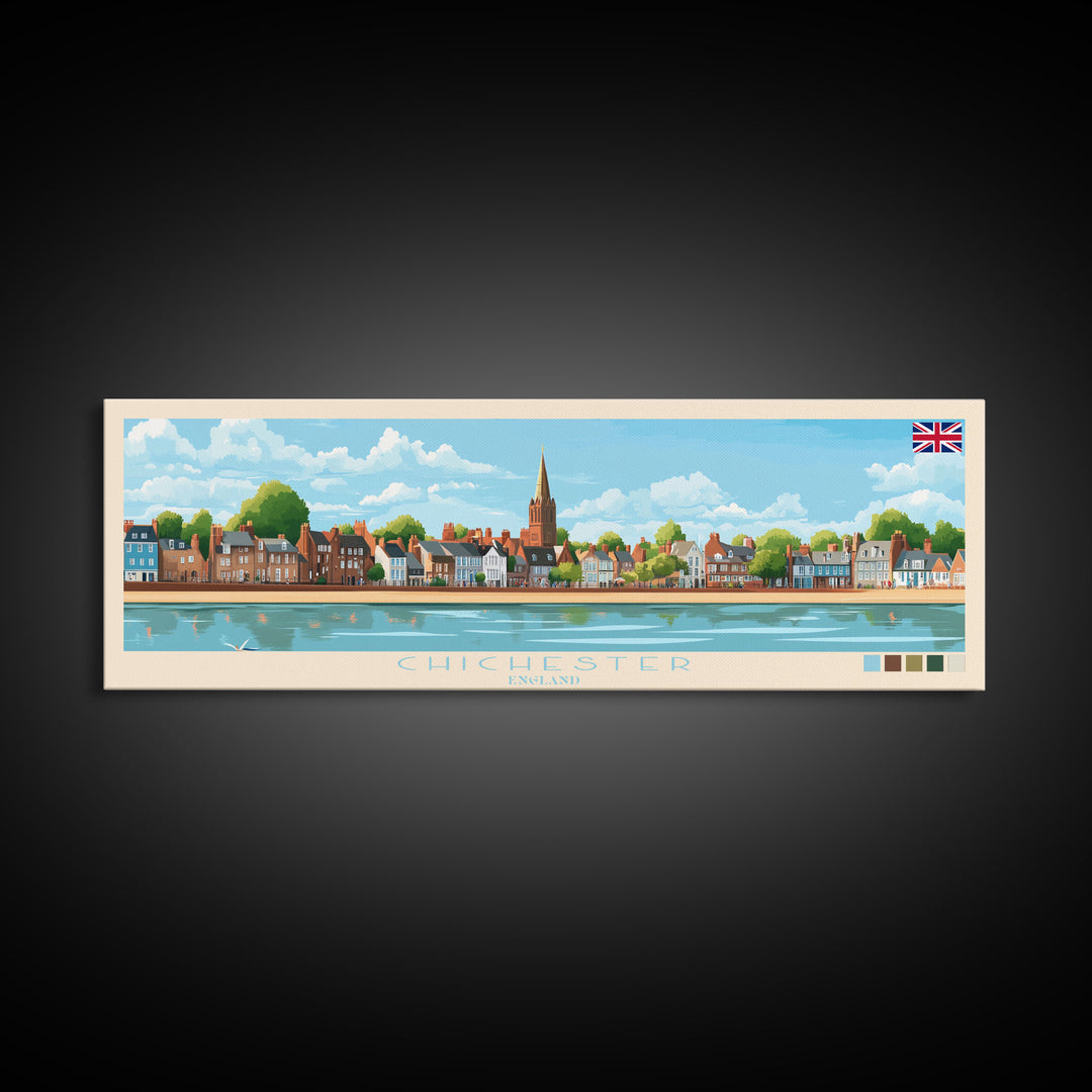 Chichester, England Panoramic Travel Poster Canvas Print, Chichester, England Painting, England Art, Chichester Panoramic Travel Art, Travel Painting