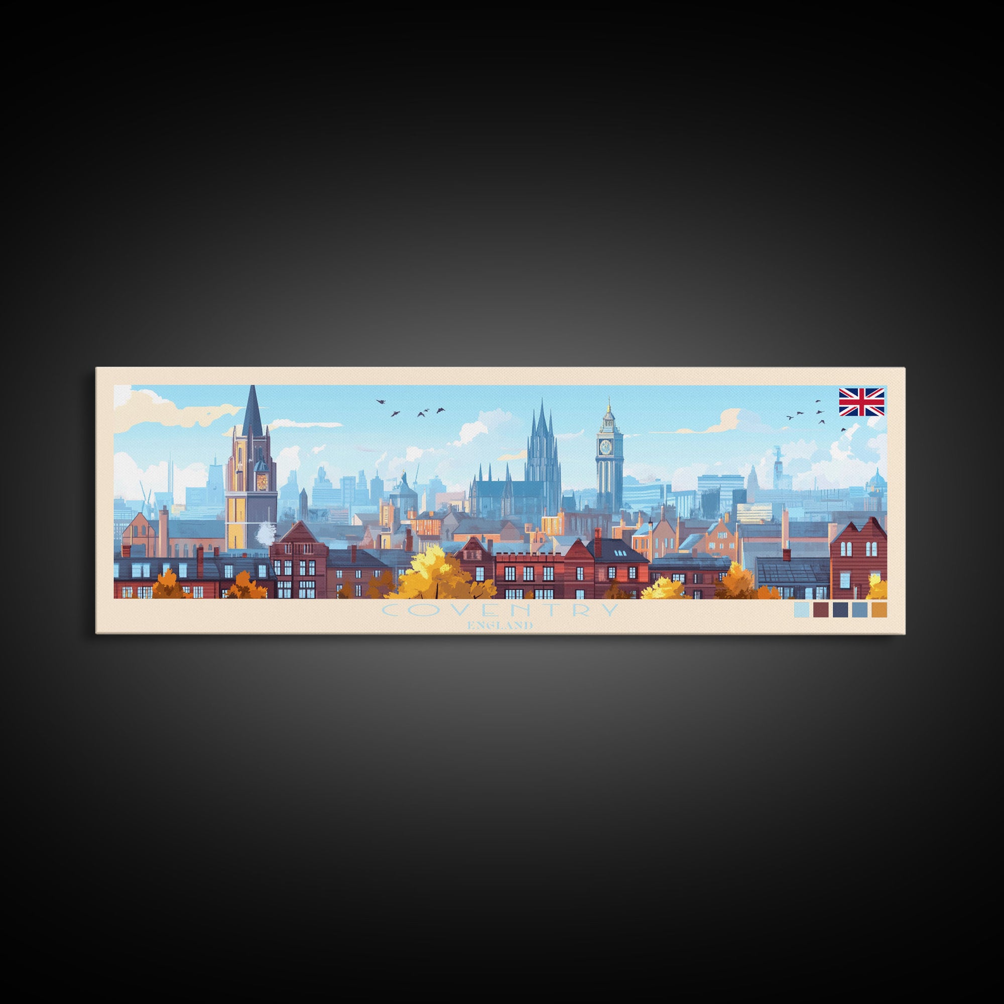 Coventry, England Travel Poster Panoramic Canvas Print, Coventry, England Painting, England Art, Coventry Travel Art, Guest Room Painting