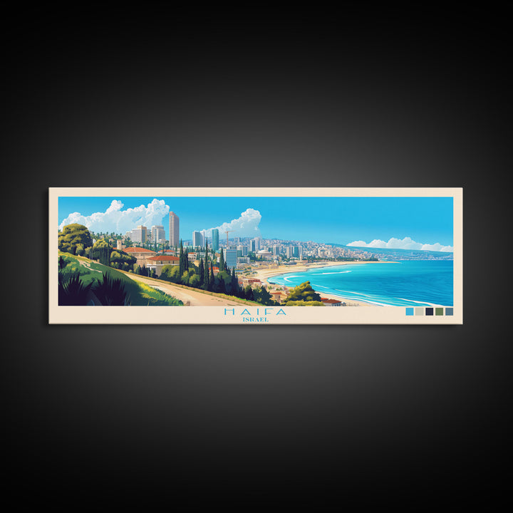 Haifa, Israel Panoramic Travel Poster Canvas Print, Haifa, Israel Painting, Israel Art, Haifa Travel Art, Guest Room Painting