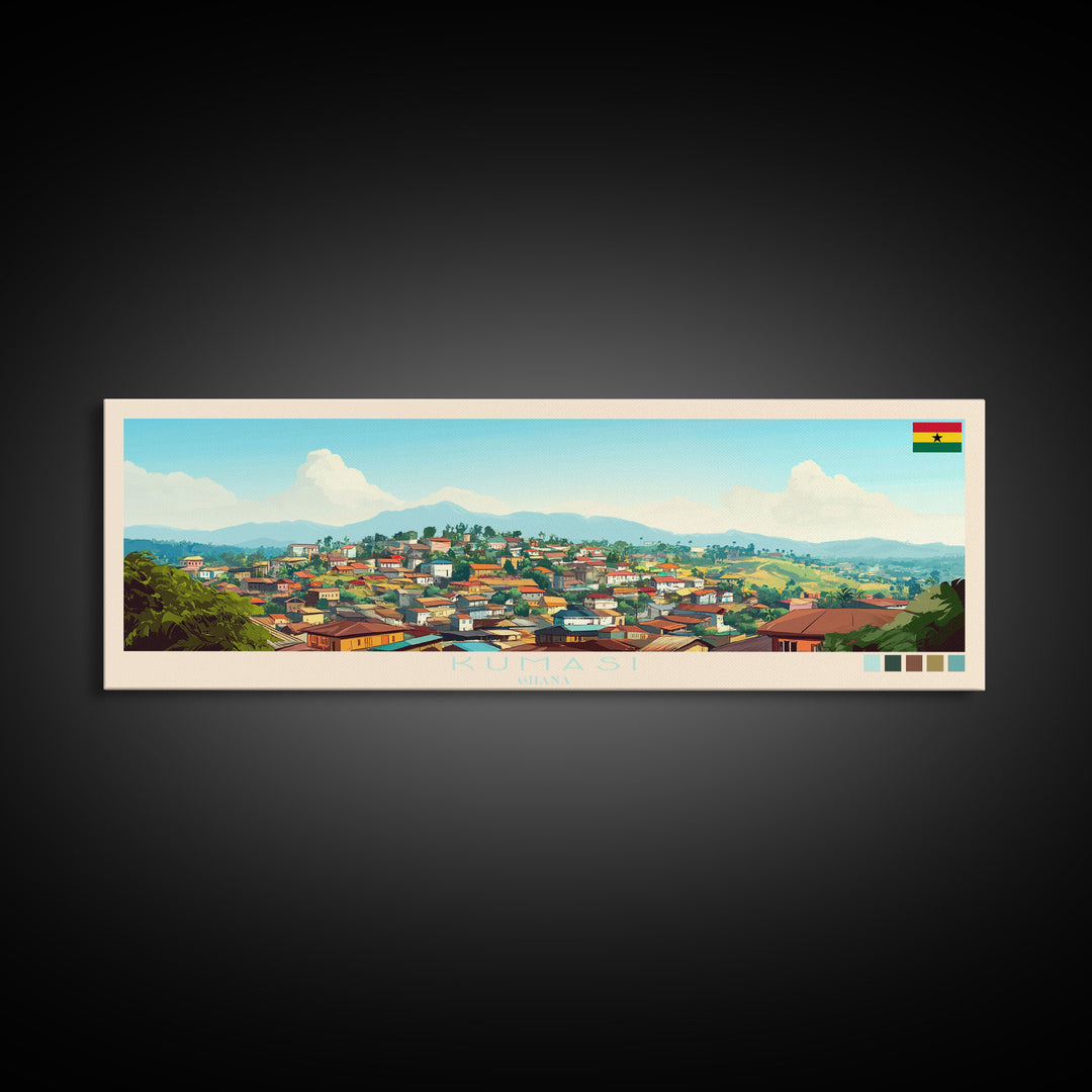 Kumasi, Ghana Panoramic Travel Poster Canvas Print, Kumasi, Ghana Painting, Ghana Art, Kumasi Panoramic Travel Art, Travel Painting