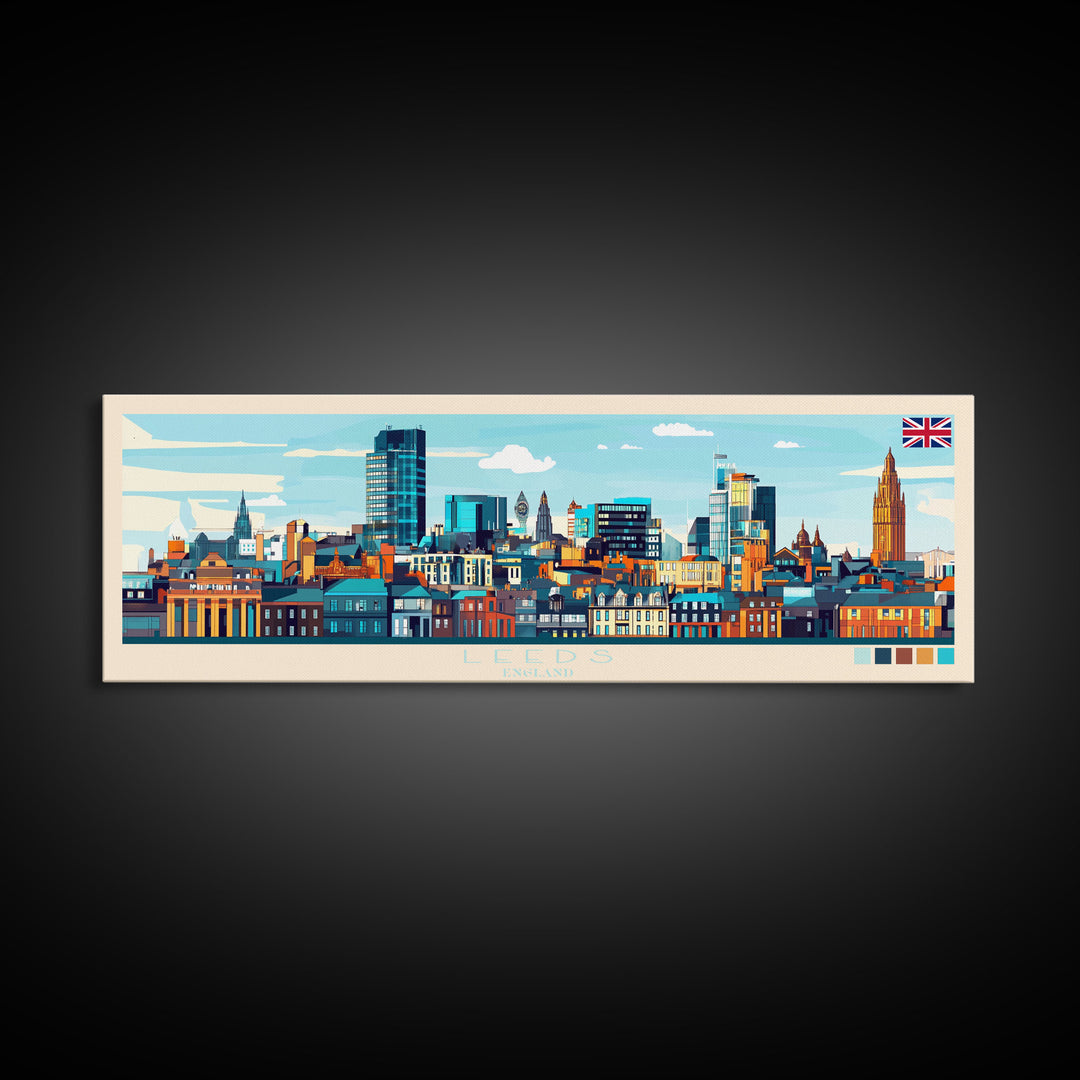 Panoramic Travel Poster Leeds, England Canvas Print, Leeds, England Painting, England Art, Leeds Travel Art, Guest Room Painting