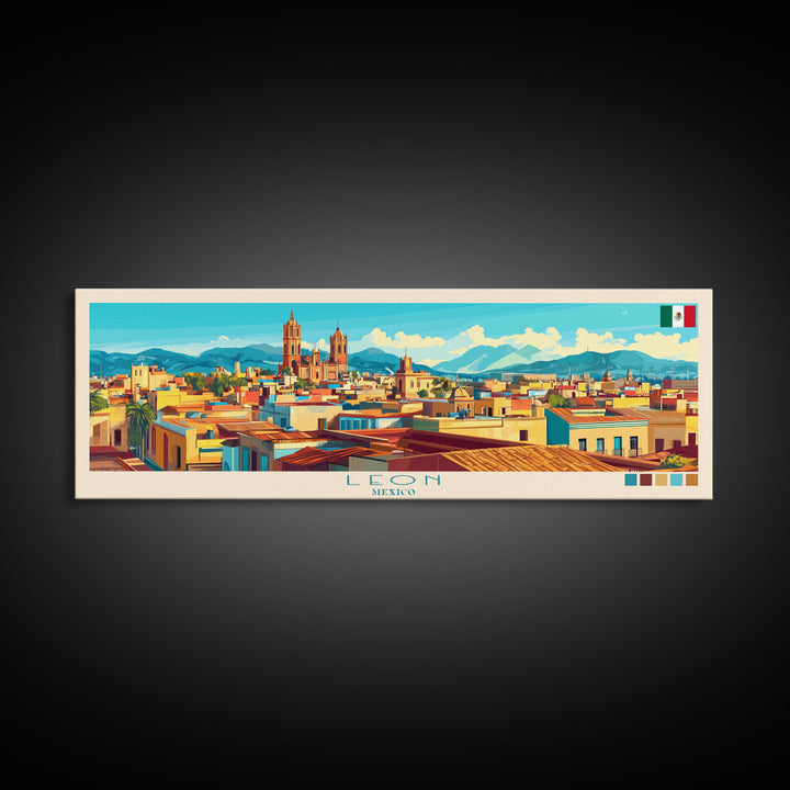 Leon, Mexico Panoramic Travel Poster Canvas Print, Leon, Mexico Painting, Mexico Art, Leon Travel Art, Guest Room Painting