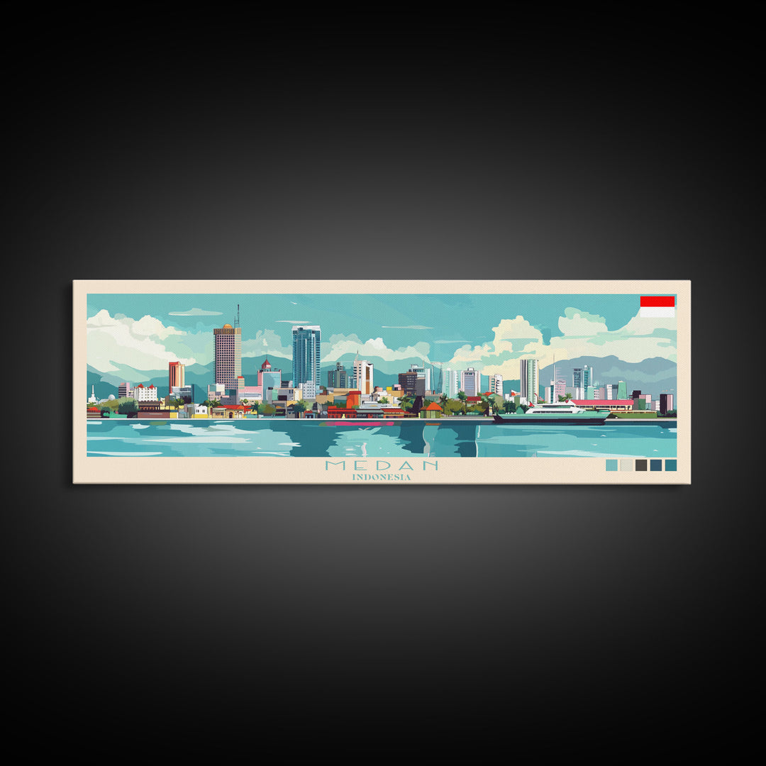 Medan, Indonesia Panoramic Travel Poster Canvas Print, Medan, Indonesia Painting, Indonesia Art, Medan Panoramic Travel Art, Travel Painting