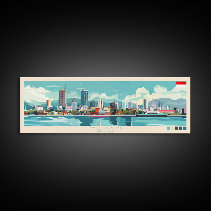 Medan, Indonesia Panoramic Travel Poster Canvas Print, Medan, Indonesia Painting, Indonesia Art, Medan Panoramic Travel Art, Travel Painting