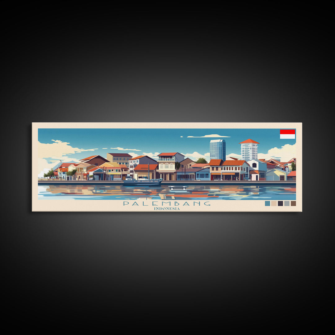 Palembang, Indonesia Panoramic Travel Poster Canvas Print, Palembang, Indonesia Painting, Indonesia Art, Palembang Travel Art, Guest Room Painting