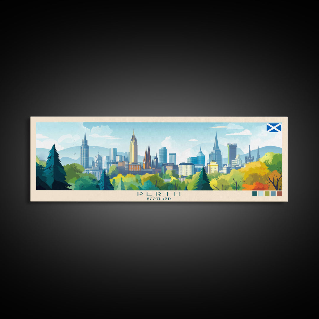 Panoramic Travel Poster Perth, Scotland Canvas Print, Perth, Scotland Painting, Scotland Art, Perth Travel Art, Guest Room Painting