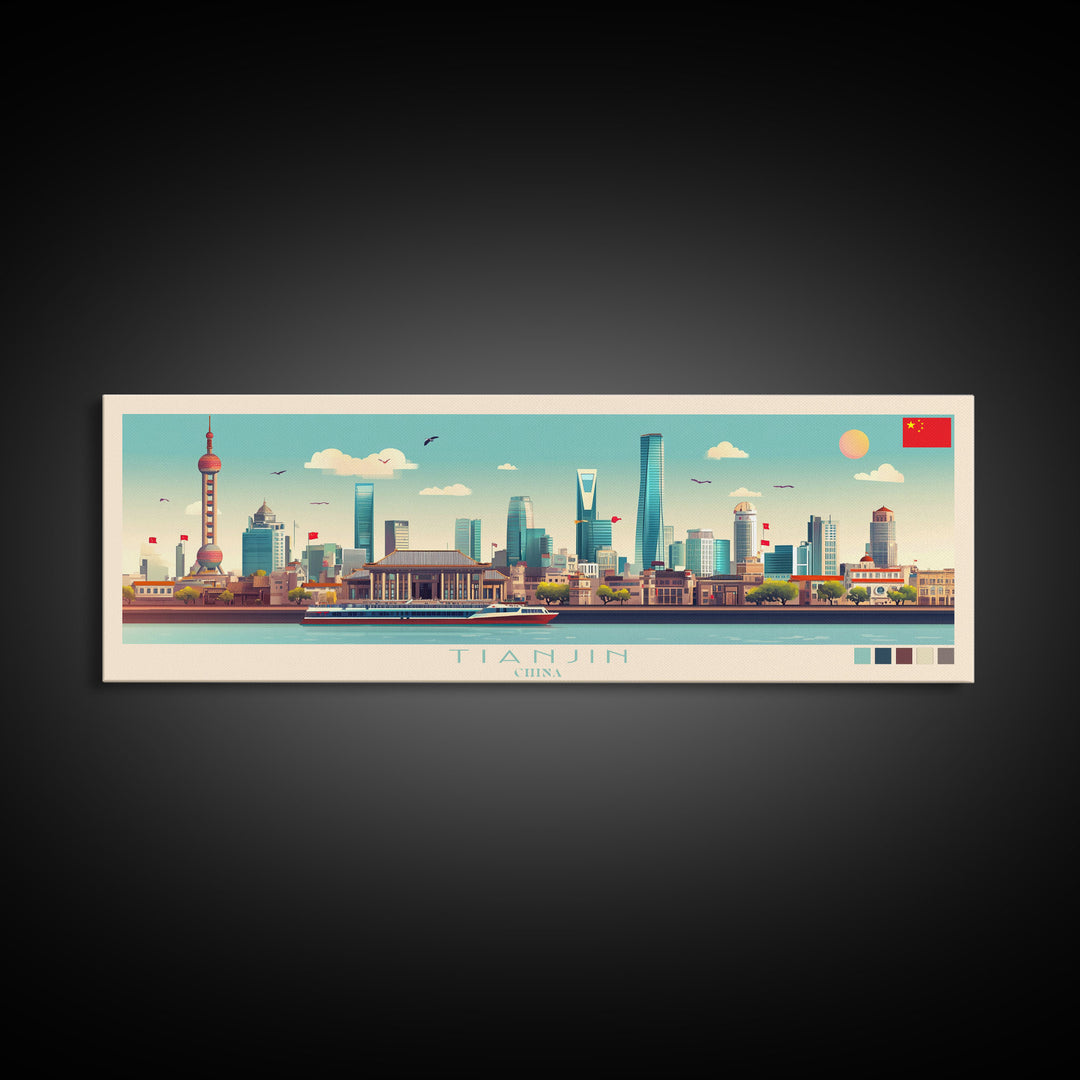 Panoramic Travel Poster Tianjin, China Canvas Print, Tianjin, China Painting, China Art, Tianjin Travel Art, Guest Room Painting