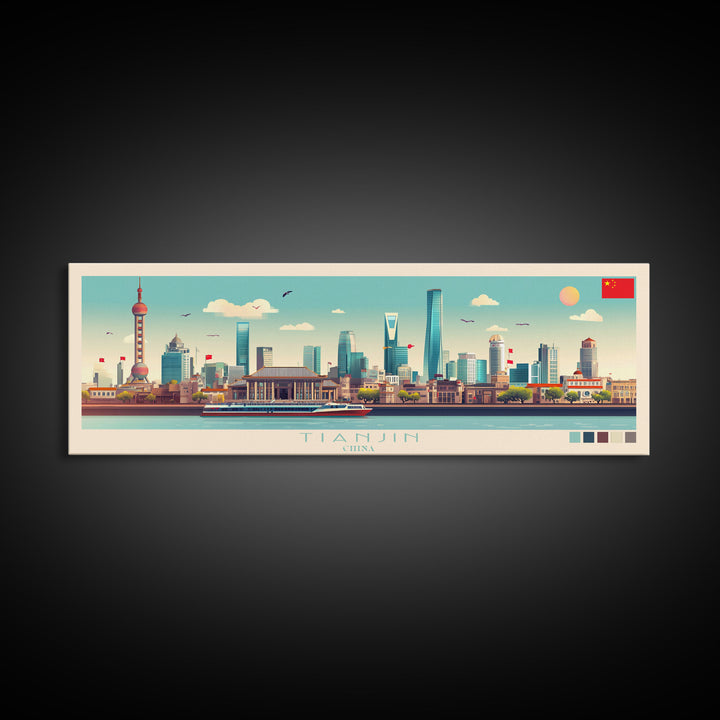 Panoramic Travel Poster Tianjin, China Canvas Print, Tianjin, China Painting, China Art, Tianjin Travel Art, Guest Room Painting