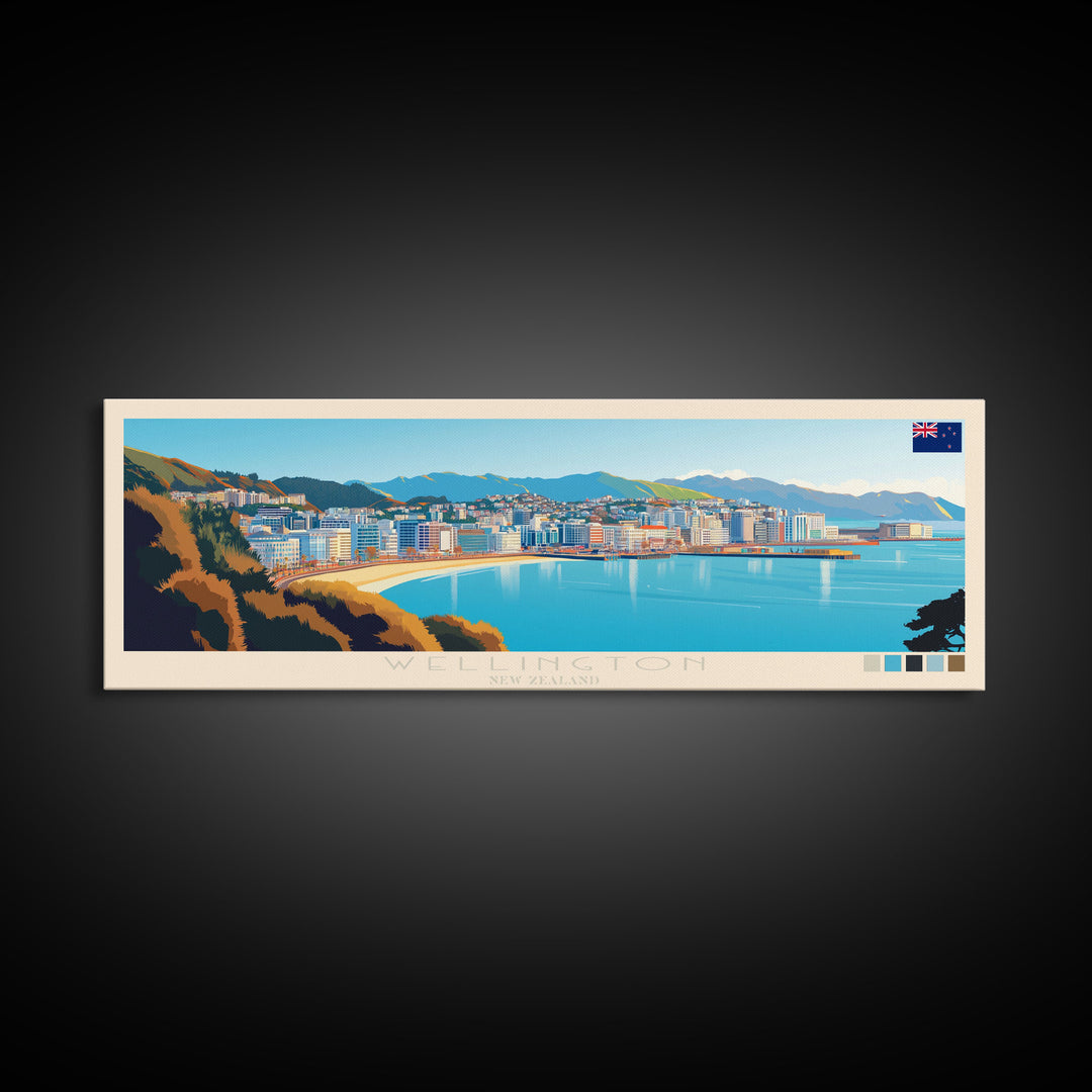 Wellington, New Zealand Panoramic Travel Poster Canvas Print, Wellington, New Zealand Painting, New Zealand Art, Wellington Panoramic Travel Art, Travel Painting