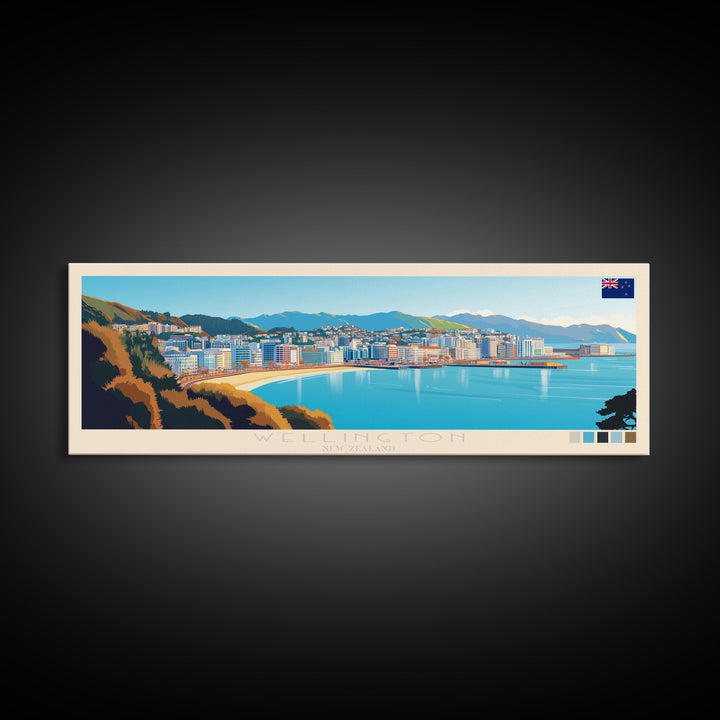 Wellington, New Zealand Panoramic Travel Poster Canvas Print, Wellington, New Zealand Painting, New Zealand Art, Wellington Panoramic Travel Art, Travel Painting