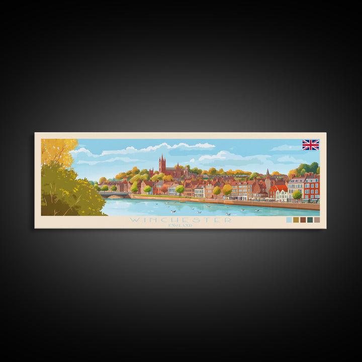 Winchester, England Travel Poster Panoramic Canvas Print, Winchester, England Painting, England Art, Winchester Travel Art, Guest Room Painting