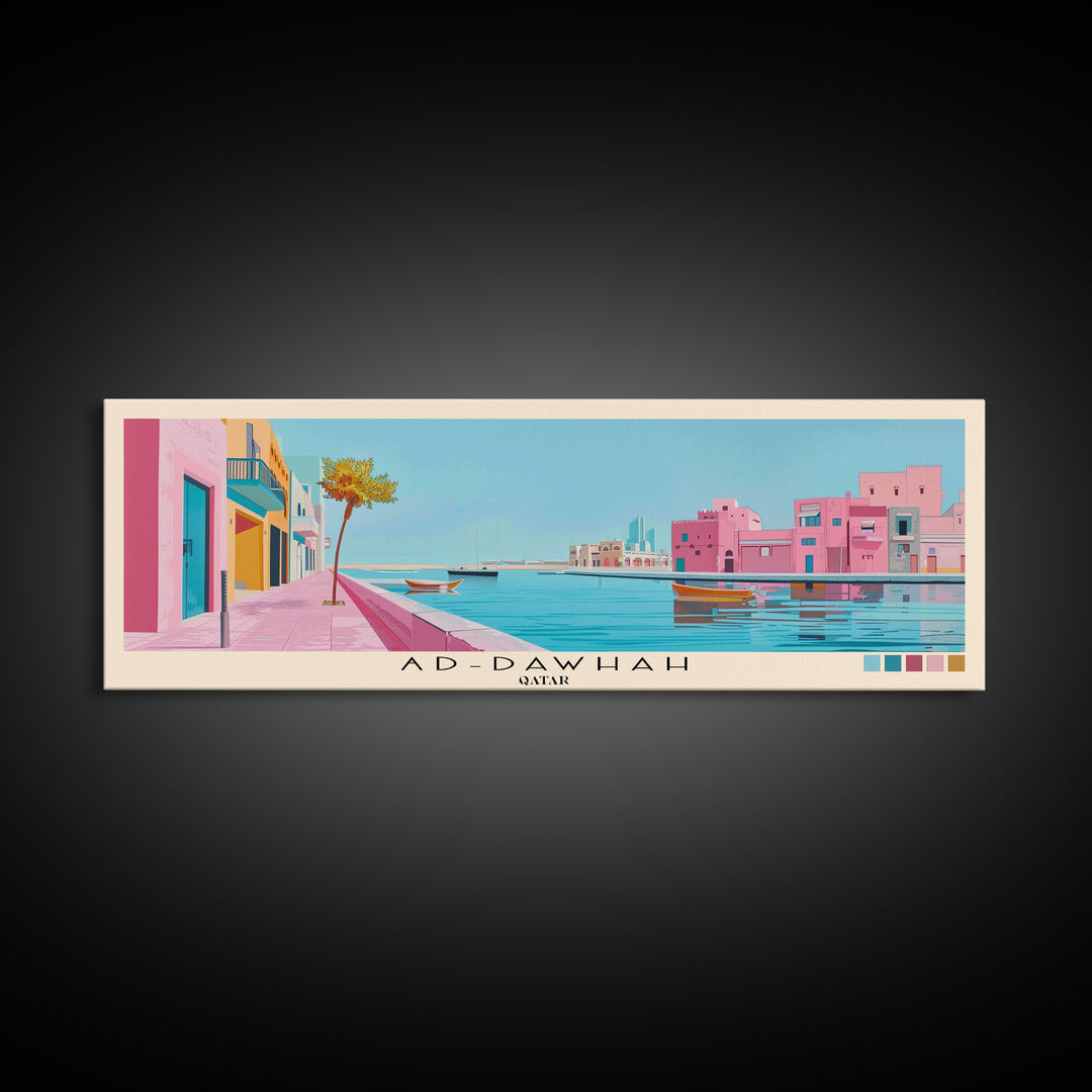 Ad-Dawhah, Qatar Panoramic Canvas Print, Ad-Dawhah, Qatar Painting, Qatar Art, Ad-Dawhah Travel Poster, Travel Art, Living Room Painting