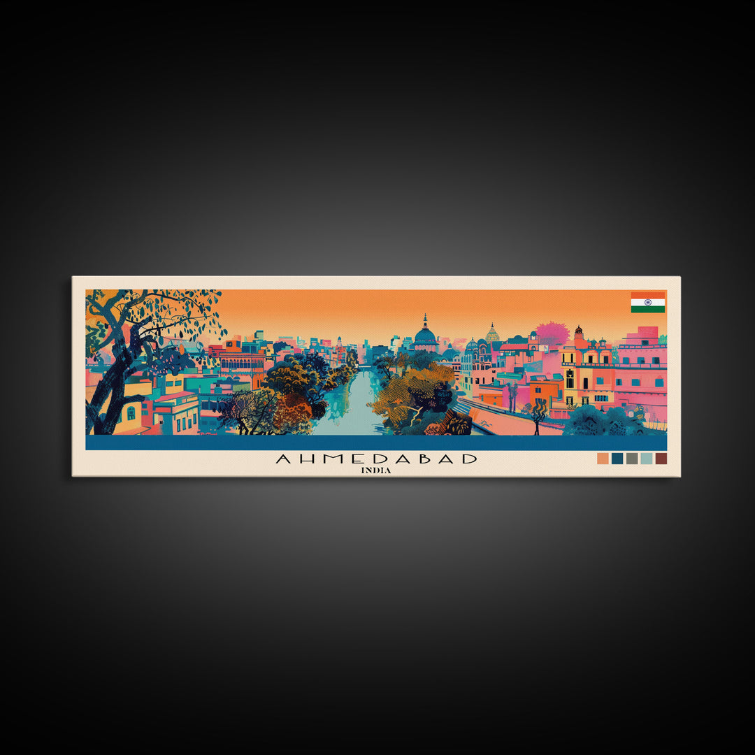 Ahmedabad, India Panoramic Canvas Print, Ahmedabad, India Painting, India Art, Ahmedabad Travel Poster, Travel Art, Vacation Gift