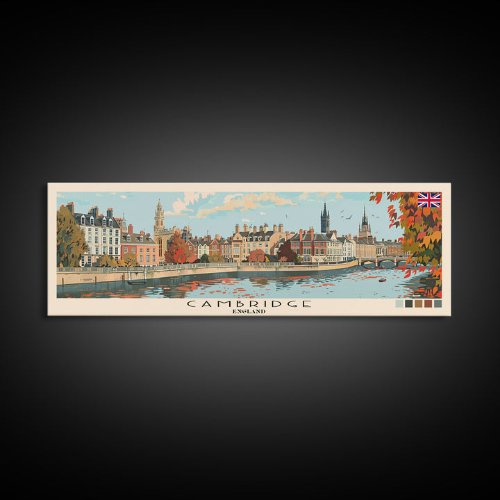 Cambridge, England Panoramic Canvas Print, Cambridge, England Painting, England Art, Cambridge Travel Poster, Travel Art, Living Room Painting