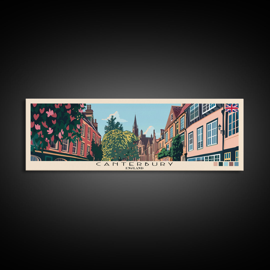 Canterbury, England Panoramic Canvas Print, Canterbury, England Painting, England Art, Canterbury Travel Poster, Travel Art, Vacation Gift