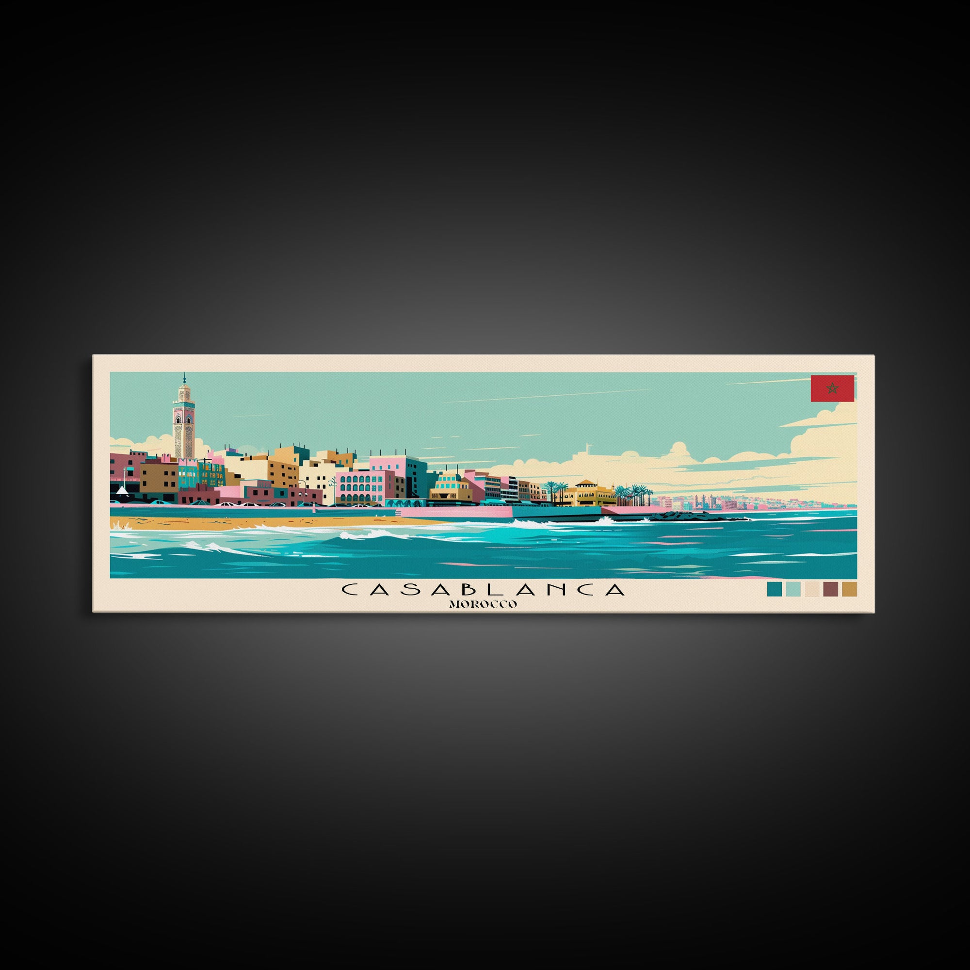 Casablanca, Morocco Panoramic Canvas Print, Casablanca, Morocco Painting, Morocco Art, Casablanca Travel Poster, Travel Art, Guest Room Painting