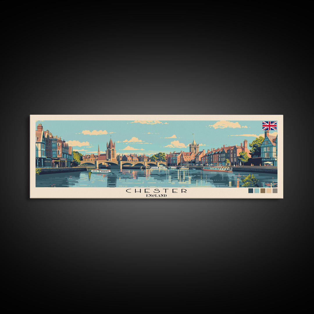 Chester, England Panoramic Canvas Print, Chester, England Painting, England Art, Chester Travel Poster, Travel Art, Living Room Painting