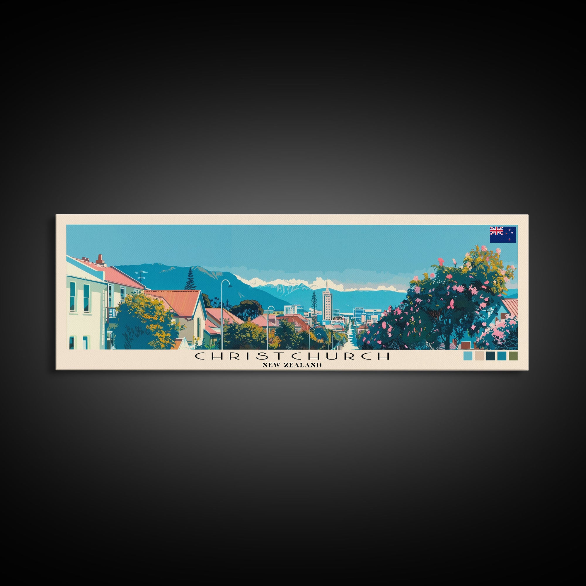 Christchurch, New Zealand Panoramic Canvas Print, Christchurch, New Zealand Painting, New Zealand Art, Christchurch Travel Poster, Travel Art, Housewarming Gift