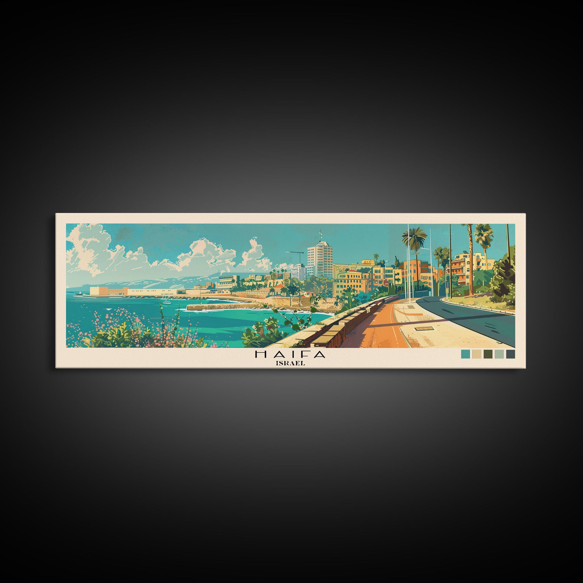 Haifa, Israel Panoramic Canvas Print, Haifa, Israel Painting, Israel Art, Haifa Travel Poster, Travel Art, Guest Room Painting