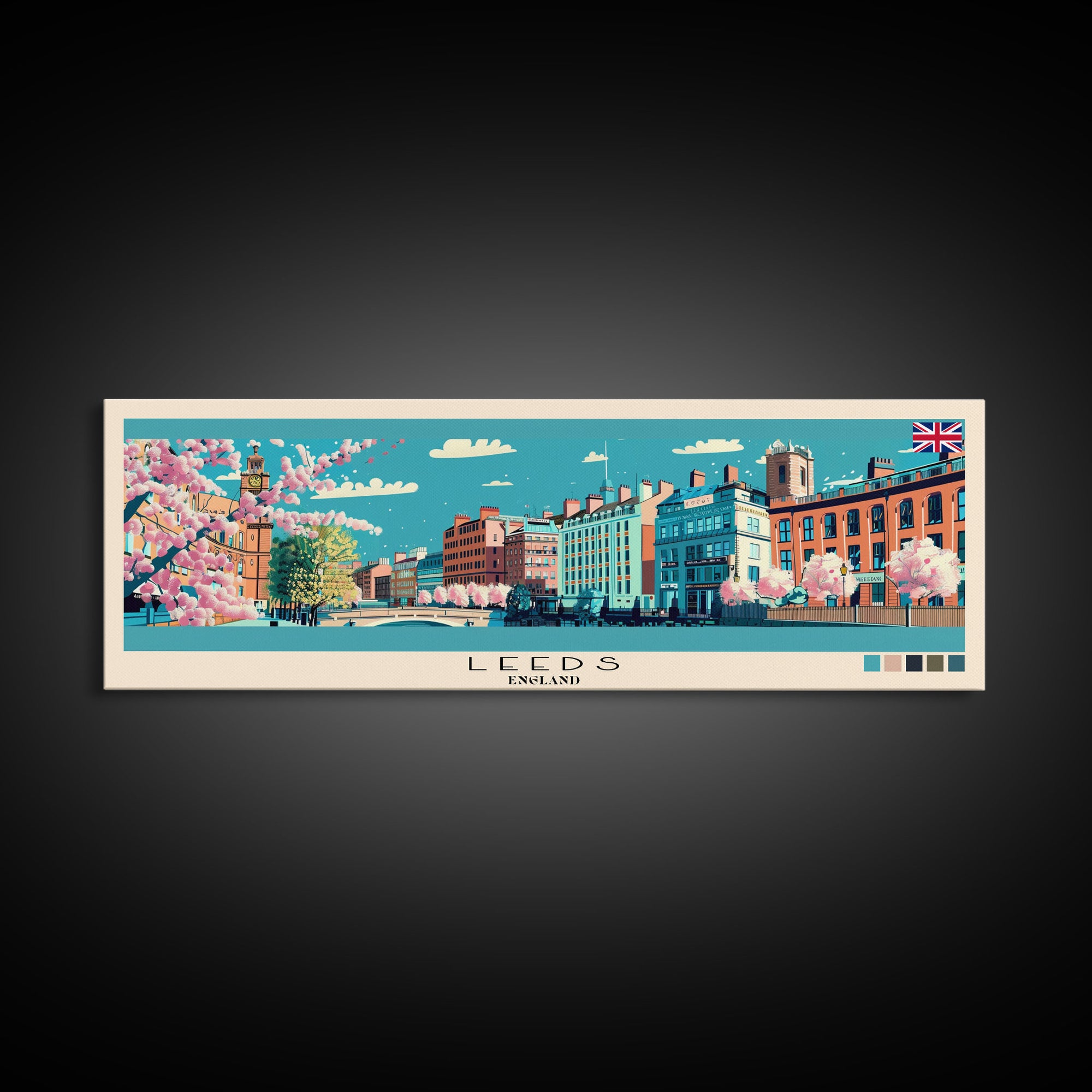 Leeds, England Panoramic Canvas Print, Leeds, England Painting, England Art, Leeds Travel Poster, Travel Art, Guest Room Painting