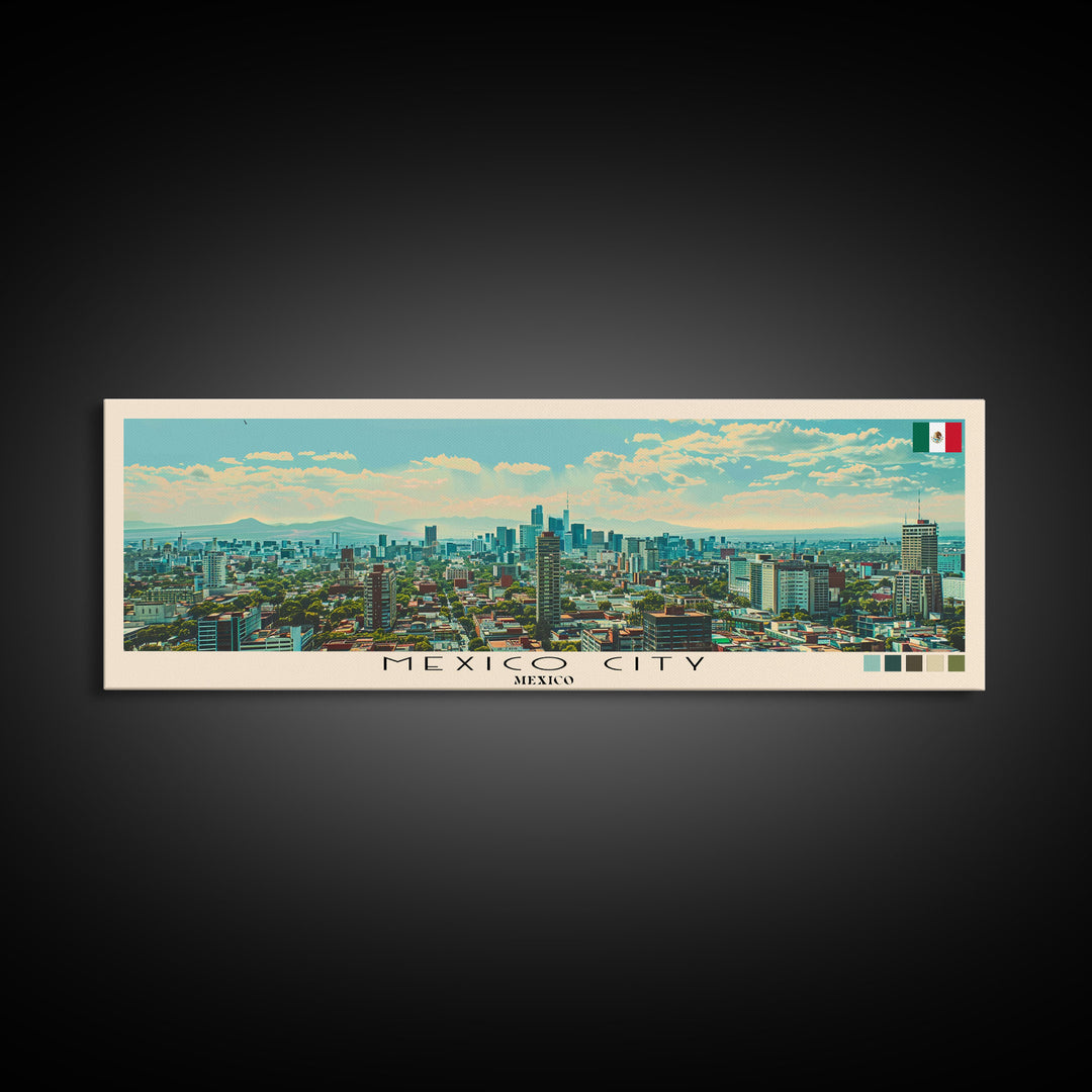 Mexico City, Mexico Panoramic Canvas Print, Mexico City, Mexico Painting, Mexico Art, Mexico City Travel Poster, Travel Art, Guest Room Painting