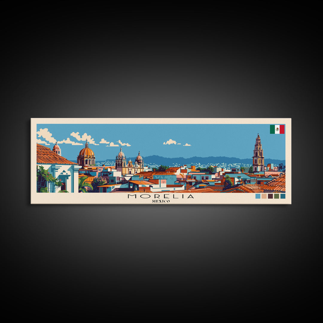 Morelia, Mexico Panoramic Canvas Print, Morelia, Mexico Painting, Mexico Art, Morelia Travel Poster, Travel Art, Vacation Gift
