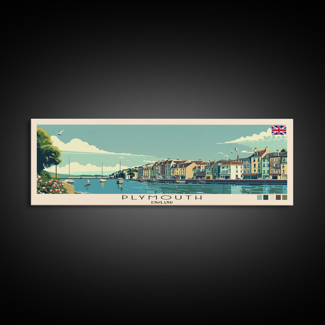 Plymouth, England Panoramic Canvas Print, Plymouth, England Painting, England Art, Plymouth Travel Poster, Travel Art, Guest Room Painting