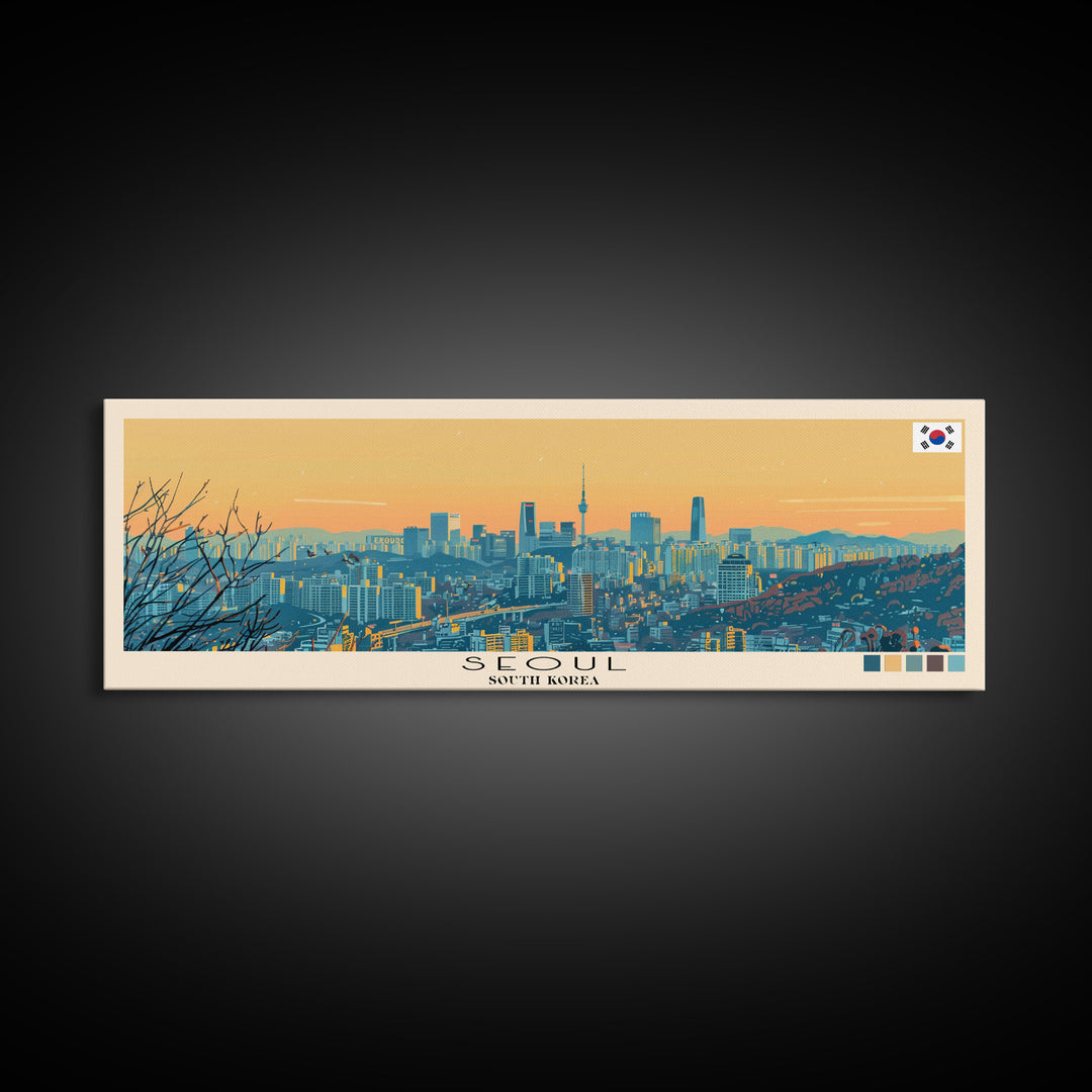 Seoul, South Korea Panoramic Canvas Print, Seoul, South Korea Painting, South Korea Art, Seoul Travel Poster, Travel Art, Vacation Gift